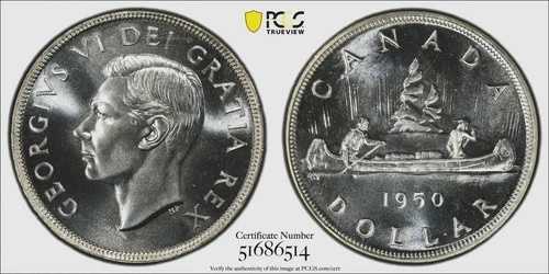 1950 年カナダ シルバー ダラー - PCGS GEM MS 67 最高品質!!