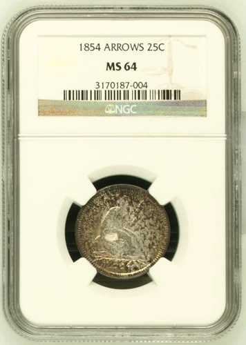 1854 NGC MS64 $3,000 PCGS 価格ガイド - シルバー 25セント 矢付き 座位クォーター