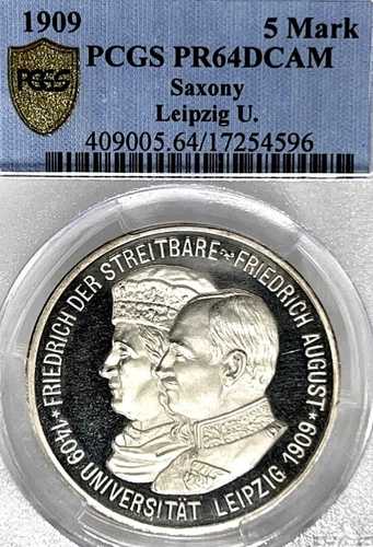 ドイツ諸州ザクセン 1909年 5マルク硬貨 ターラー ターラー PCGS PR 64 DCAM プルーフ PP UNC