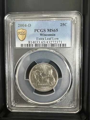 2004-D ウィスコンシン州クォーター 25セント PCGS MS65、エクストラリーフ ローバラエティ