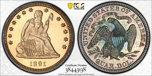 1891年 着席自由の女神像 25セント硬貨 PCGS PR66+ 認定 シャープ 昨年のシルバー プルーフ