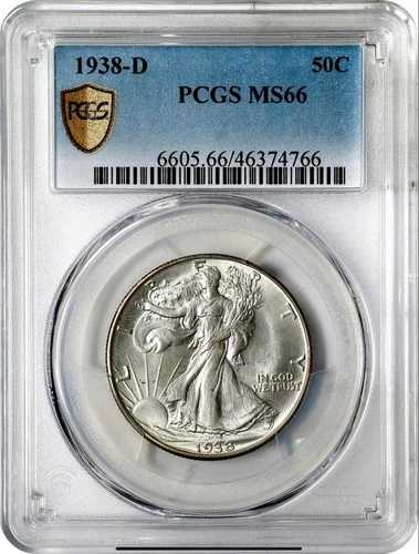 1938-D ウォーキング・リバティ・シルバー・ハーフドル - PCGS MS 66 - ゴールドシールド・ベター・デート