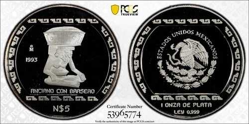 1993 5 ペソ アンシアノン コン ブラセロ タイプ 2 PCGS PR69DCAM トップ ポップ Km-548