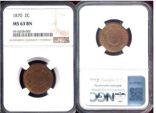 1870年 2セント NGC MS63BN 454,960円