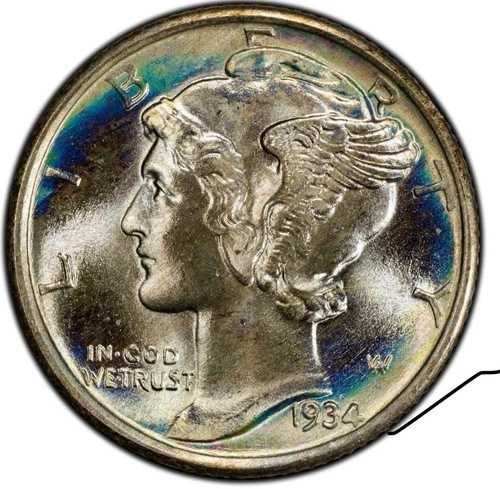 1934 年製マーキュリー ダイム 10 セント PCGS MS68FB フルバンド (6862) 非常に美しい色調!