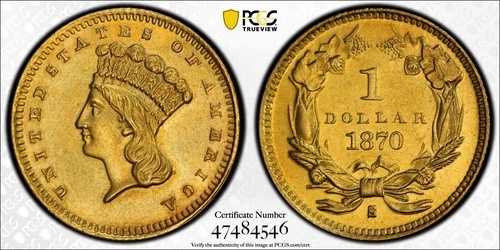 1870年 S インディアンゴールド タイプ3 $1 PCGS UNC。詳細クリーニング済み