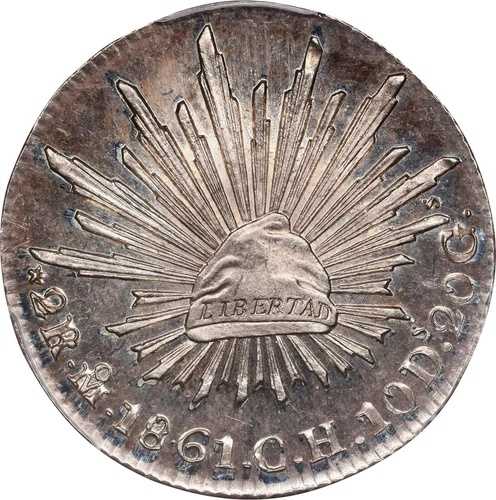 メキシコ シルバー 2 レアル 1861-Mo CH メキシコシティ造幣局。PCGS MS-66 プルーフのような!!!