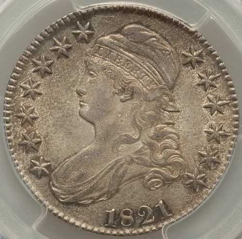 キャップド バスト ハーフ ドル 1821 PCGS AU-58 CAC、O-103a、希少度 4、初期ダイ ステート!