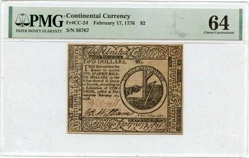 1776年2月17日、2ドル大陸通貨FR#CC-24 PMG CU64 Choice