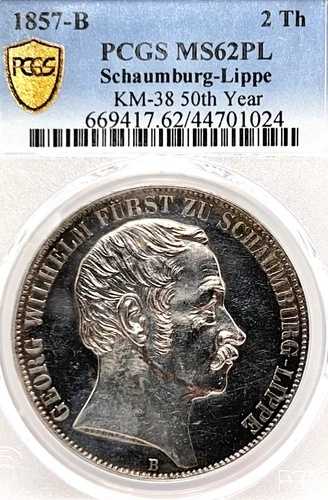 ドイツ諸州 シャウムブルク＝リッペ 1857 B 2 ターラー貨幣 ターラー PCGS MS 62 PL UNC/PP