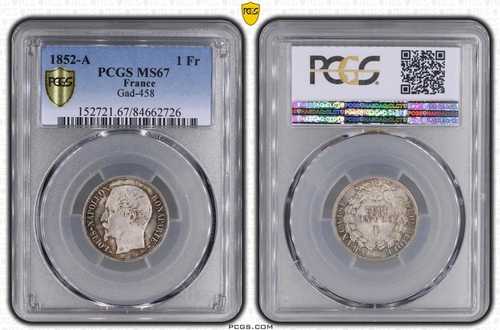 フランス - ナポレオン3世 - 1フラン 1852 A - PCGS MS67-
