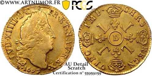 ルイ 14 世 - ルイ ドール オー 4 L、1695 Fn D リヨン | PCGS AU 詳細-