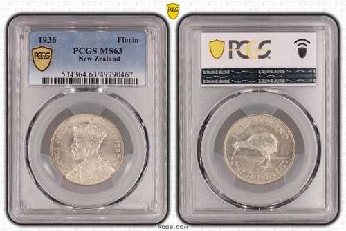 ニュージーランド キーデート 1936年 フローリンコイン PCGS MS63 チョイス アンクル #0467