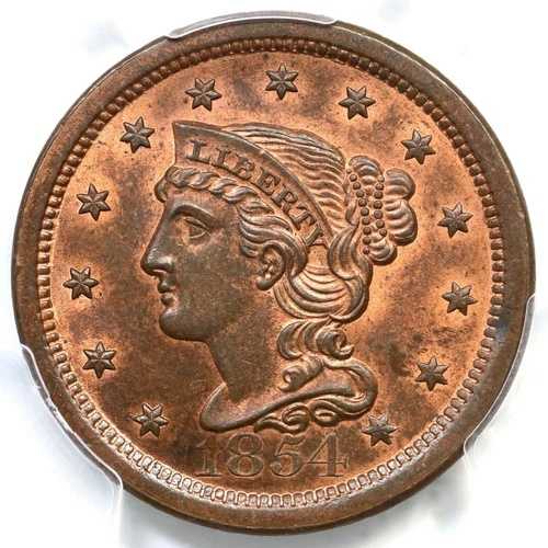1854 N-26 R-3 PCGS MS 65 RB CAC 編み込みヘア ラージセントコイン 1セント