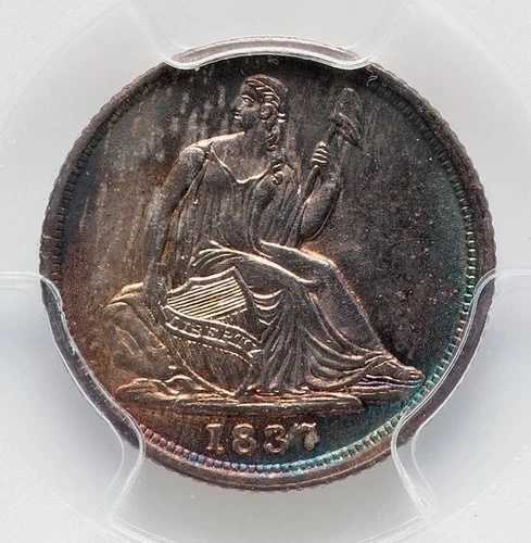 1837年製 座像1/2ダイム - 星なし、小さな日付 - PCGS MS63 PQ！素晴らしい色調！