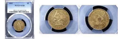 1843年 $5 VF35 PCGS-pop 19-リバティヘッドハーフイーグル--