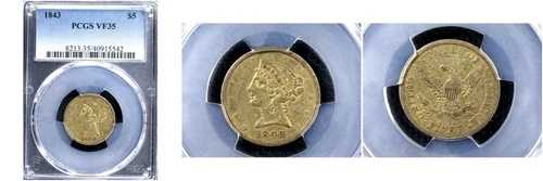 1843年 $5 VF35 PCGS-pop 19-リバティヘッドハーフイーグル--
