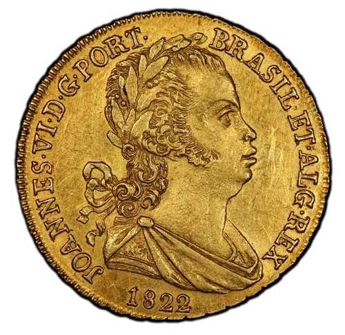 ポルトガル 1822- ジョアン 6 世 金 3200 レイ (1/2 ペサ) - PCGS AU58 - 希少な 14K 鋳造!