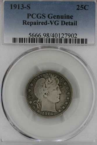 1913 S 25C PCGS 正規修理済み VG DTL バーバークォーター、リバティヘッドクォーター