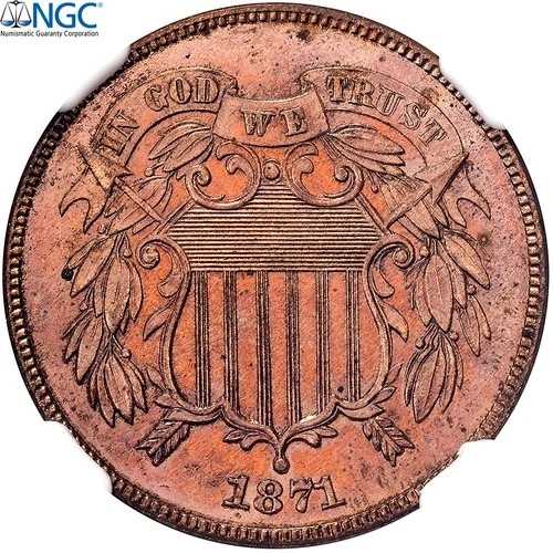 [#970332] アメリカ合衆国、2セント、ユニオンシールド、1871年、フィラデルフィア、プルーフ、ブロンズ