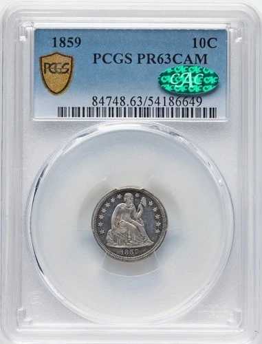 1859年製 リバティ・シーテッド・ダイム PCGS プルーフ63 CAMEO CAC！ 素晴らしいPQコイン！ 素晴らしい色調！
