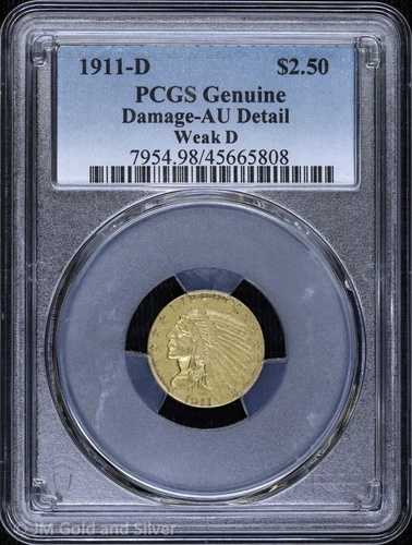 1911-D 2.50ドル 金貨 インディアンヘッドクォーターイーグル PCGS 正規品 AU 詳細 | 弱いD