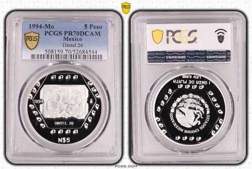 メキシコ シルバー 5ペソ プルーフコイン 1994年 KM#578 DINTEL 26 PCGS PR70 TOP??COA