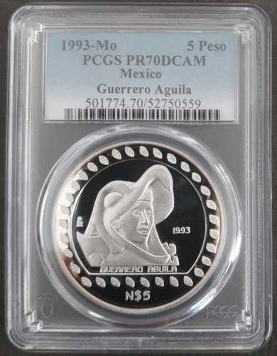 メキシコ シルバー 5ペソ プルーフコイン 1993年 KM#646 ゲレロ・アギラ PCGS PR70 トップ??