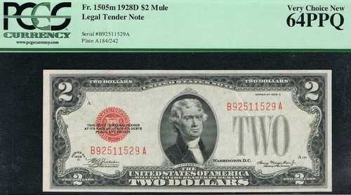 1928年製 2ドル 法定通貨。BAブロック。トップポップレーダーミュール。唯一無二の極上品。PCGS 64 PPQ