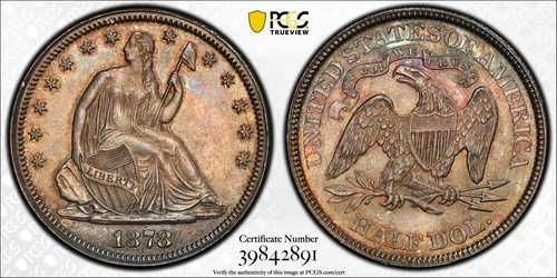 1878年 シーテッド・リバティ・ハーフドル 50セント ミントエラー 部分カラーストライク PCGS MS 63