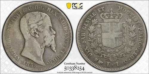 サルデーニャ 1リラ 1855-B PCGS VF25 トップポップ *極めて希少*