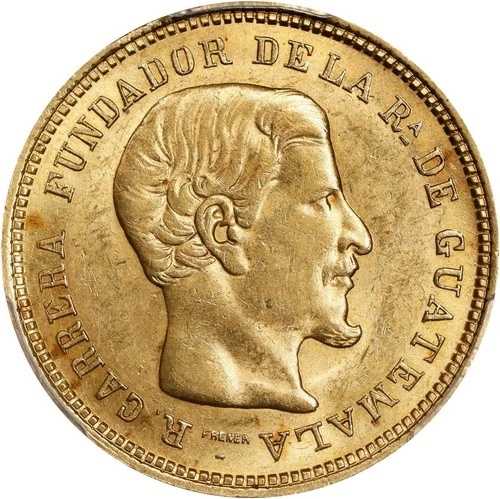 グアテマラ：10ペソ 1869-R。グアテマラシティ造幣局発行。PCGS AU-58！1年型。希少