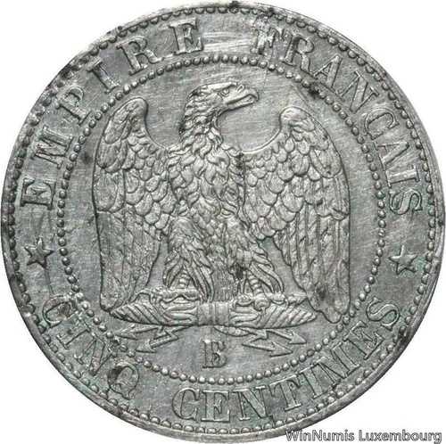W5189 未発表 5サンチーム ナポレオン3世 1855年 B ルーアン PCGS UNC -＞ オファー-