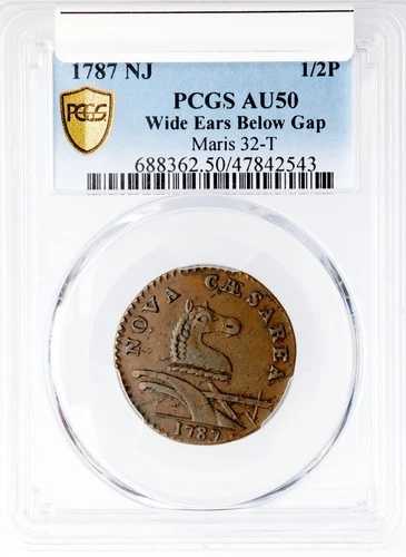 1787年 M 32-T R-2 PCGS AU 50 ワイドイヤー下ギャップ ニュージャージー植民地銅貨
