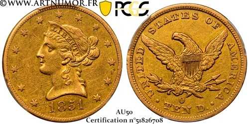 アメリカ - 10ドル「リバティ」、1851年ニューオーリンズ | PCGS AU50-