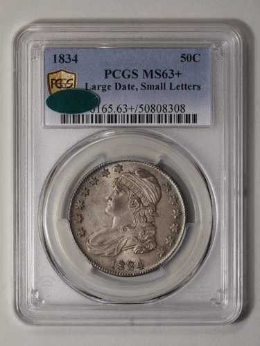 1834年 50セント 大きな日付、小さな文字入り キャップドバスト ハーフドル PCGS MS63+ (CAC)｜WORLD RESOURCE【QUEEN店】