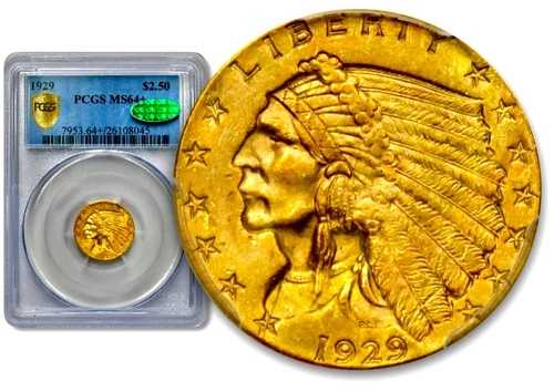 1929年 2.5ドル金貨インディアン - PCGS MS64+ CAC PLUS C995