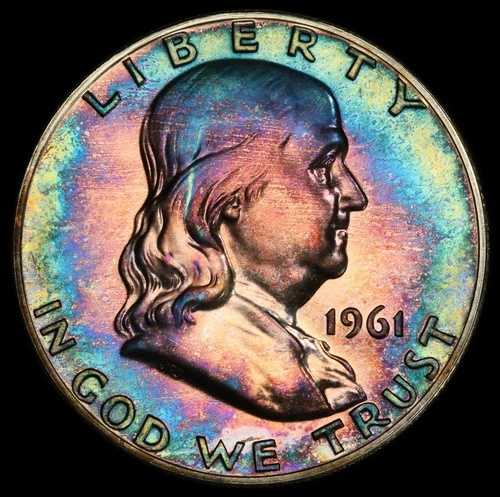 1961年 50セント??PCGS PR-66??まさに驚異的！レインボートーン??フランクリン ハーフダラー！