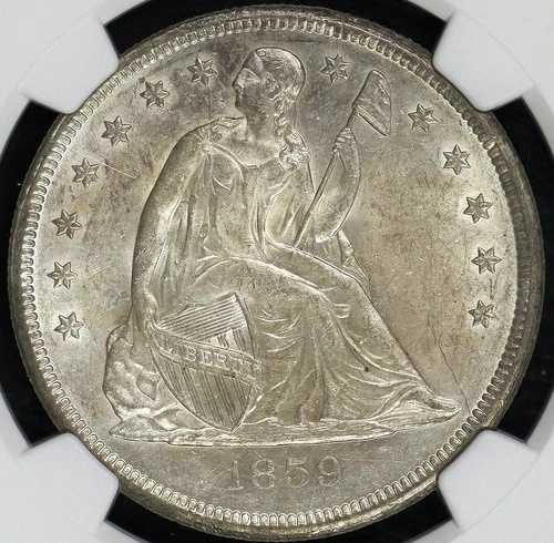 1859年 自由の女神像「モットーなし」ドル NGC MS 61 鮮明で明るい白色