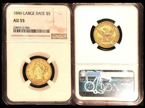 1846年 5ドル ラージデイト NGC AU55 リバティヘッド ハーフイーグル
