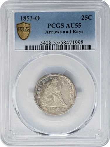1853年頃 着席自由の女神像 25セント 矢と光線 AU55 セキュア PCGS 950905-2