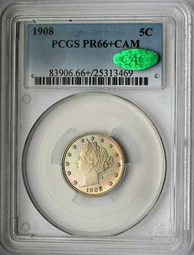 1908 リバティ ニッケル プルーフ PCGS PR66+CAM CAC 素晴らしい色調!