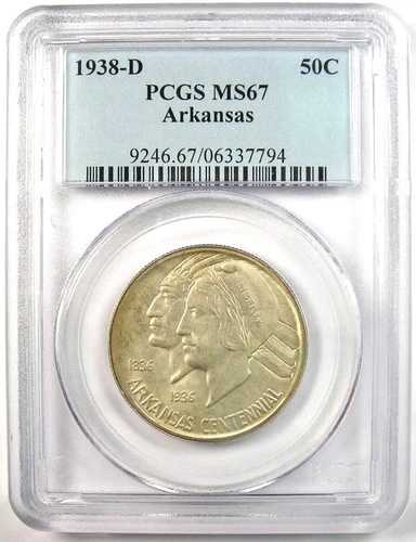 1938-D アーカンソー ハーフダラー 50セント - PCGS MS67 - MS67の希少品 - 5,250ドル相当