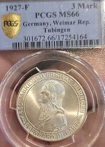 ドイツ 1927F 3マルク テュービンゲン 希少 スーパージェム PCGS 65PQ ローポップ