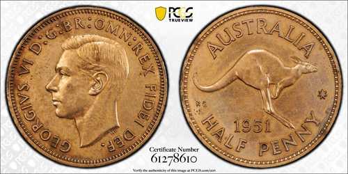オーストラリア 1951-PL プルーフ ハーフペニー PCGS PR 正規品 - 色に疑問あり - 希少