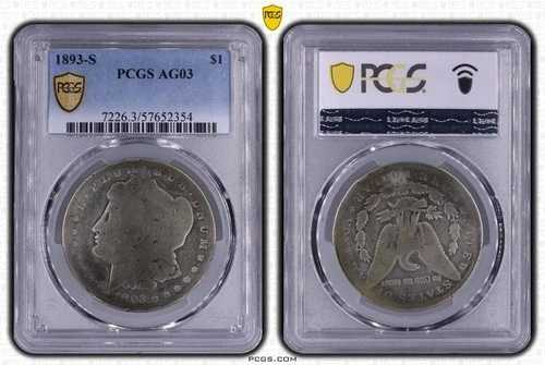 1893-S 1ドル モルガン・ダラー PCGS AG-3 ゴールドシールド
