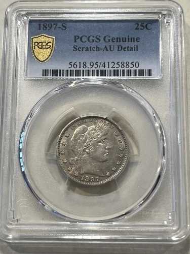 1897-S 25セント バーバー クォーター 非常に希少なセンターSミントマーク PCGS AU 詳細スクラッチ