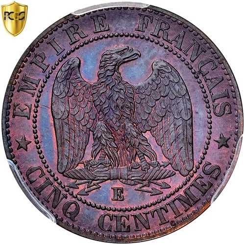 フランス、ナポレオン3世、5サンチーム、1861年、パリ、裏面プルーフ、ブロンズ、PCGS-