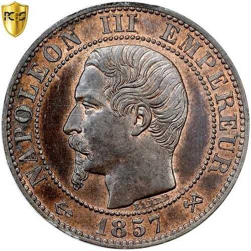 [#877145] フランス、ナポレオン 3 世、5 サンタイム、1857 年、ルーアン、ピエフォール、ブロンズ、PCGS、-