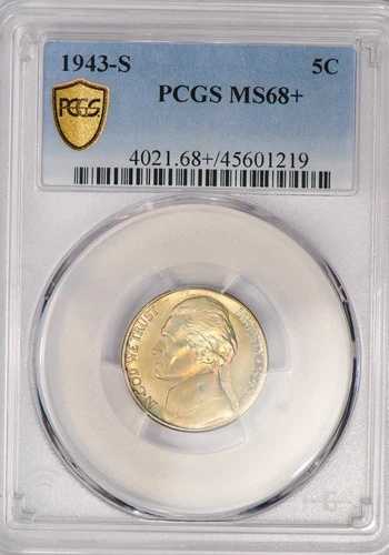 1943年 S トーン ジェファーソンニッケル PCGS MS 68 PLUS MS68+ ビデオ参照 トーン トップポップ 5C